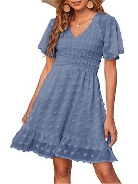 Smocked V-Neck Midi Dress in Dusty Blue Wedding Guest